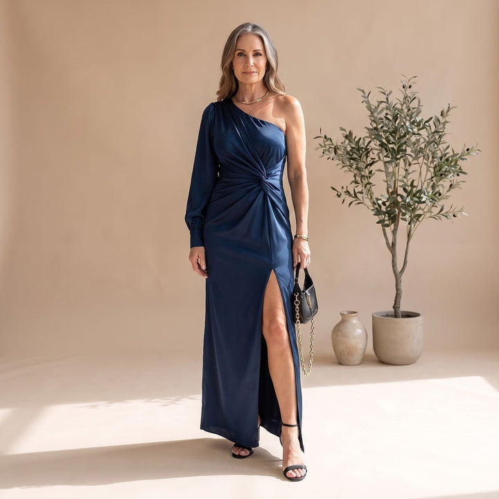Women's One Shoulder Maxi Dress in Navy, front view