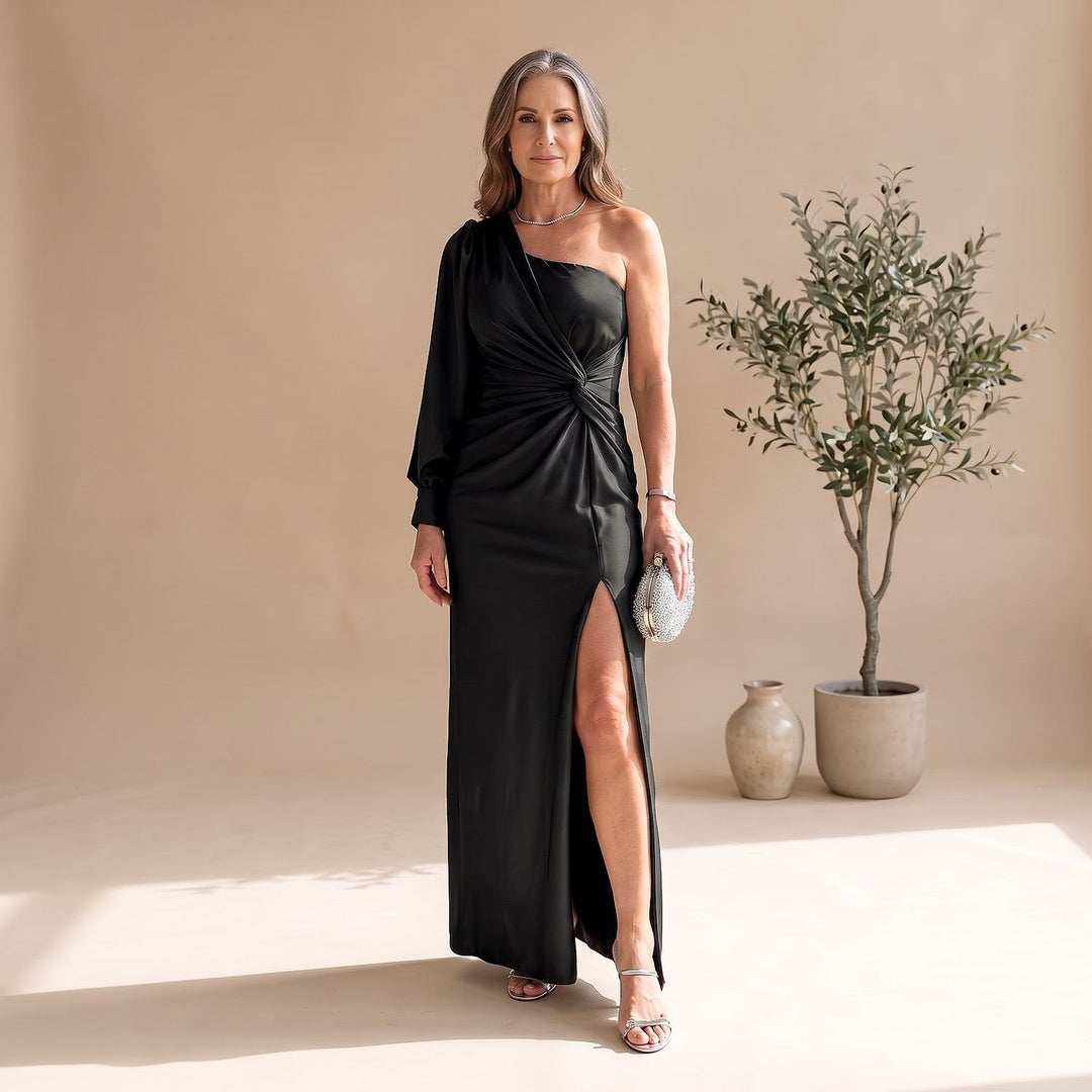 Women's One Shoulder Maxi Dress in Black, front view