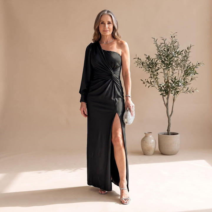 Women's One Shoulder Maxi Dress in Black, front view