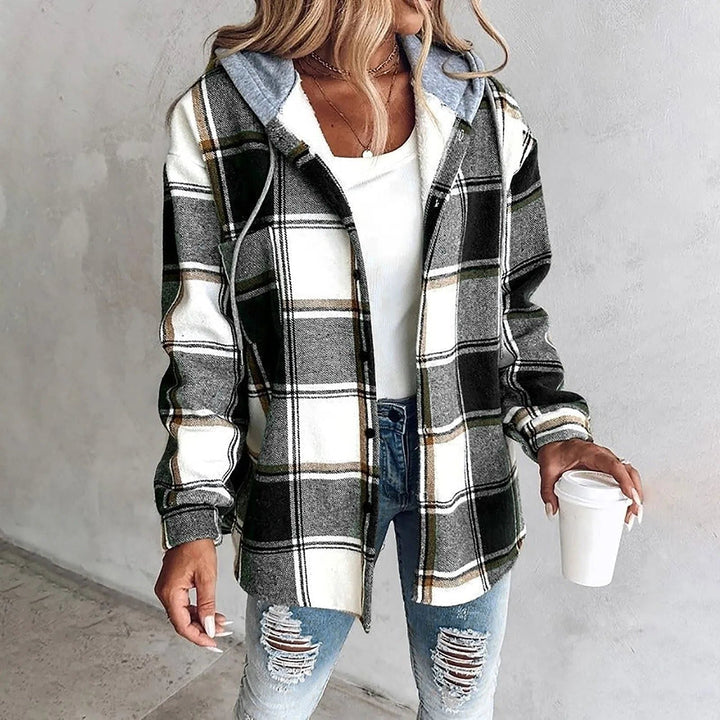 Women's Oversized Plaid Cardigan in Black, front view