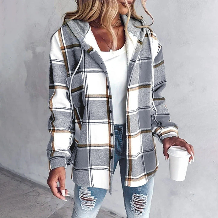 Women's Oversized Plaid Cardigan in Gray, front view