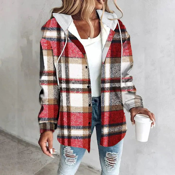 Women's Oversized Plaid Cardigan in Red, front view