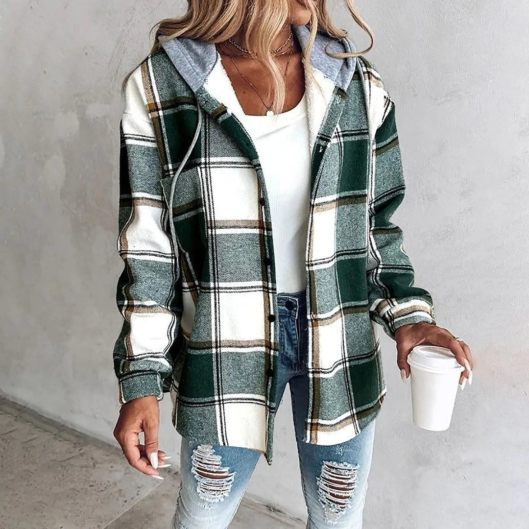 Women's Oversized Plaid Cardigan in Green, front view