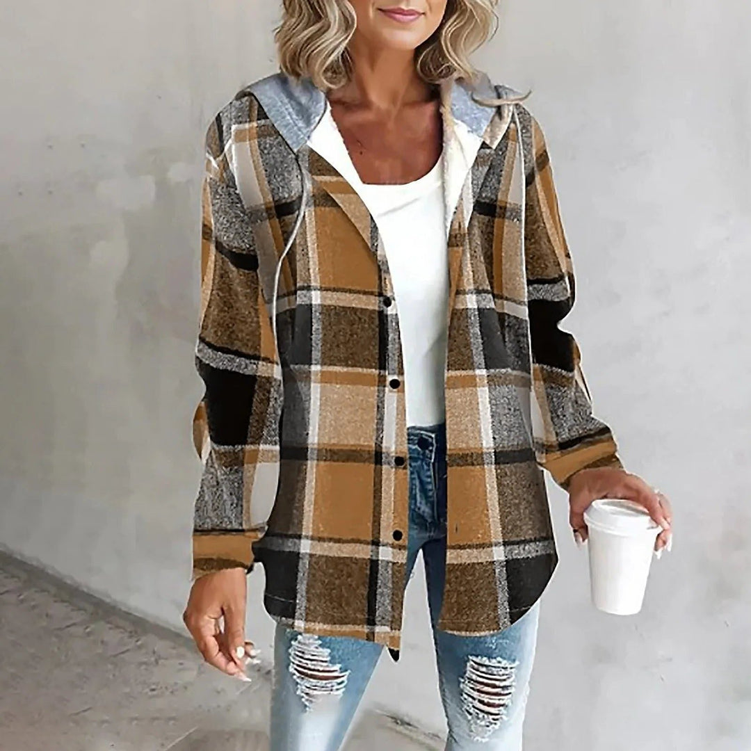 Women's Oversized Plaid Cardigan in Brown, front view