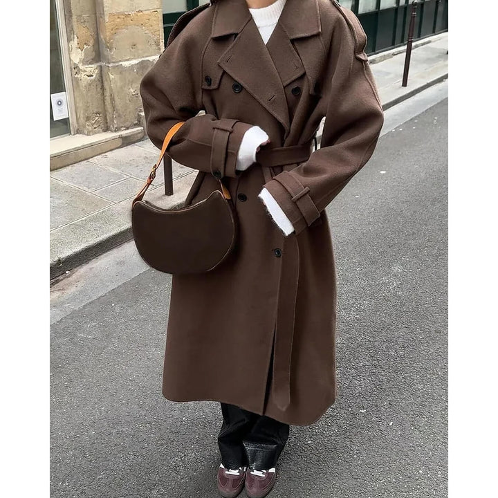 Women's Wool Trench Coat in Brown, front view