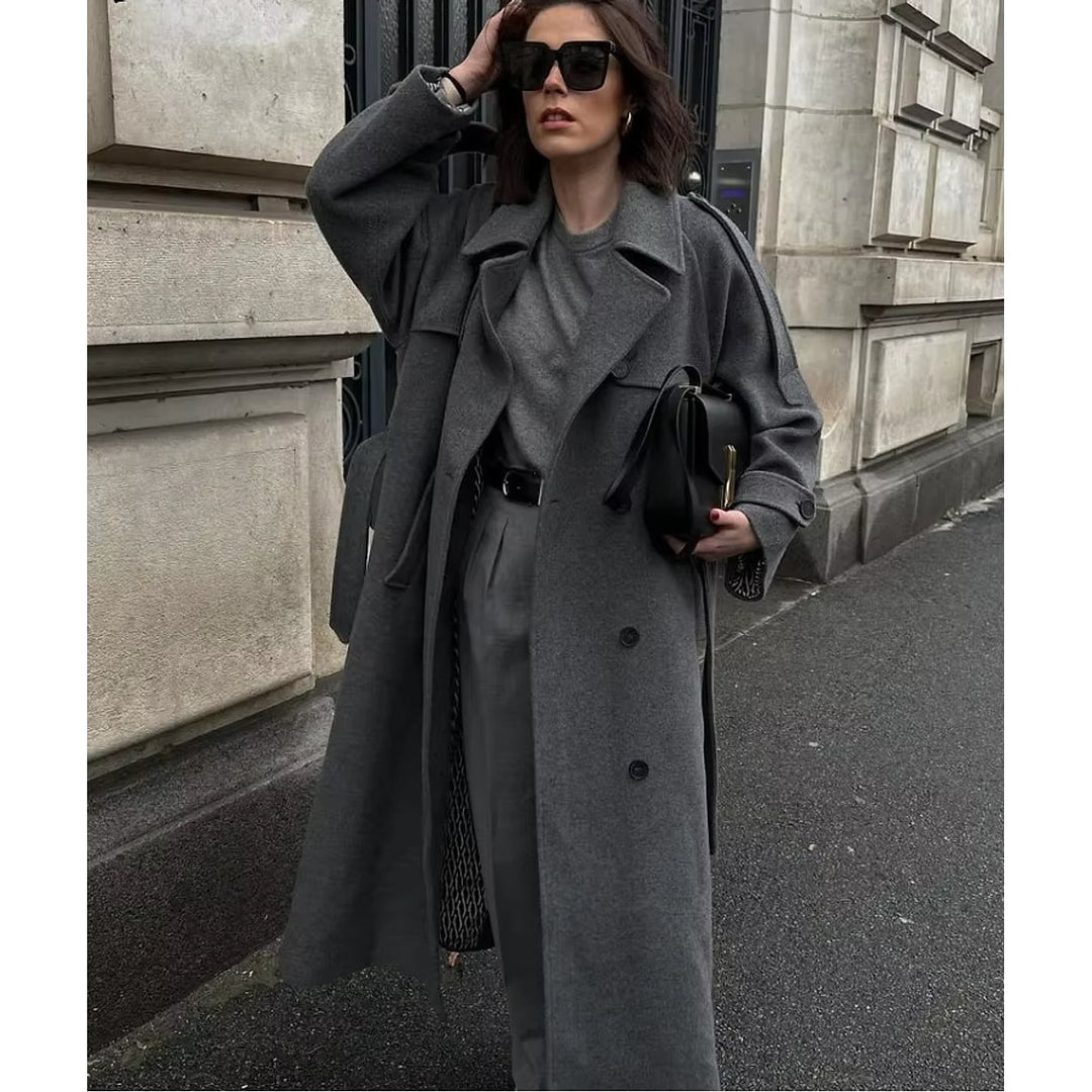 Women's Wool Trench Coat in Gray, detail view