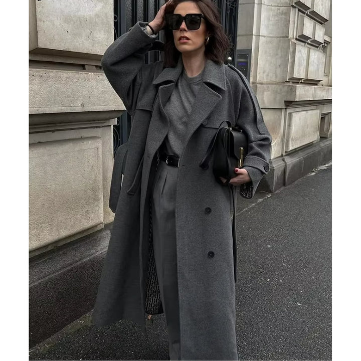 Women's Wool Trench Coat in Gray, detail view