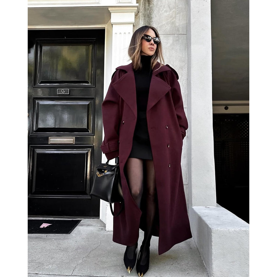Women's Wool Trench Coat in Burgundy, front view