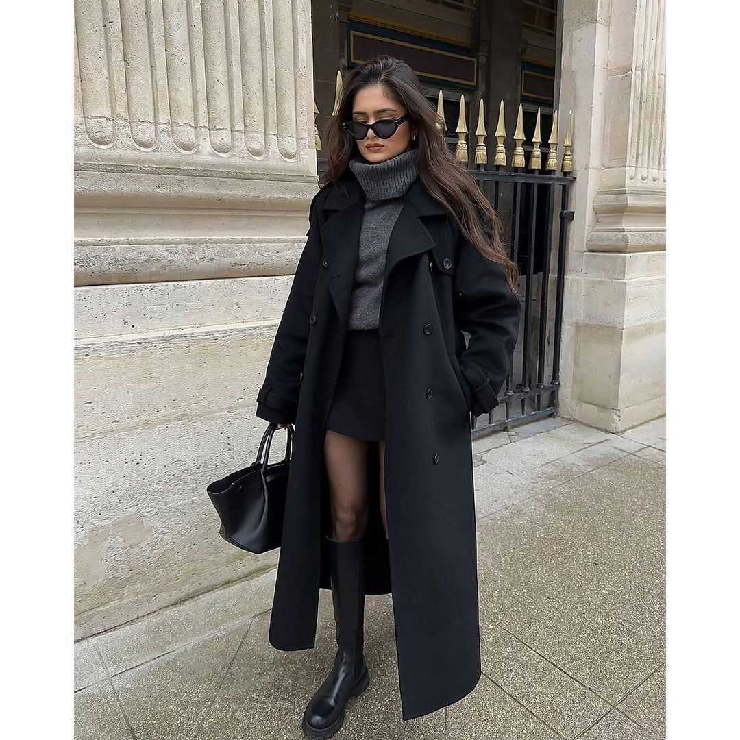 Women's Wool Trench Coat in Black, front view