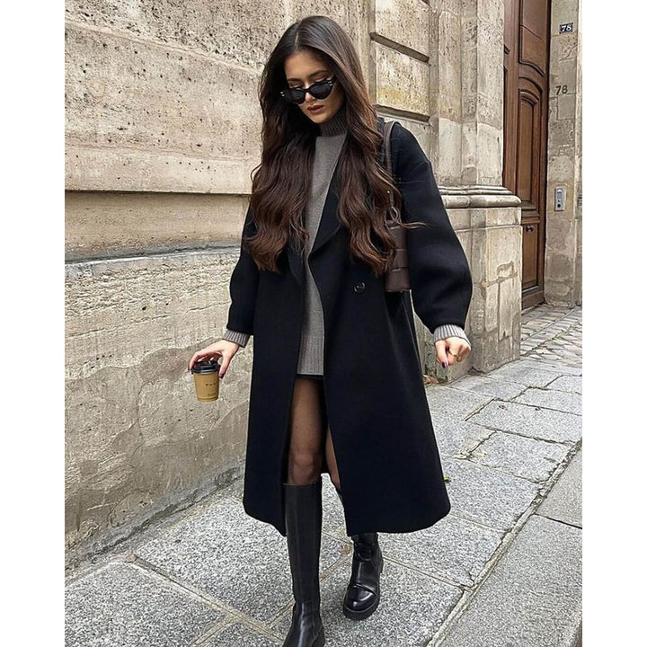 Women's Wool Trench Coat in Black, front view 2