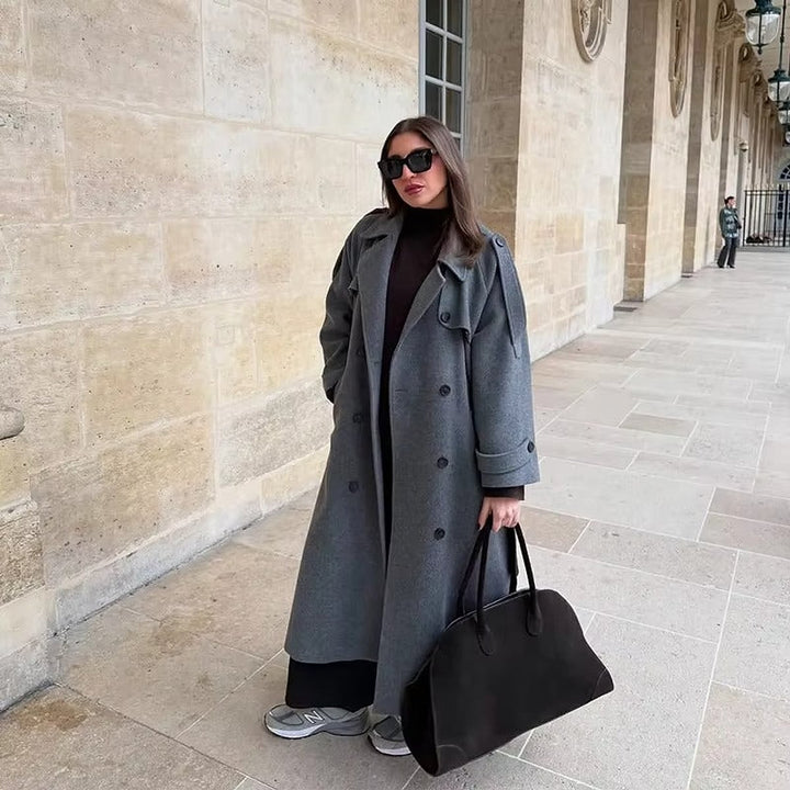 Women's Wool Trench Coat in Gray, front view