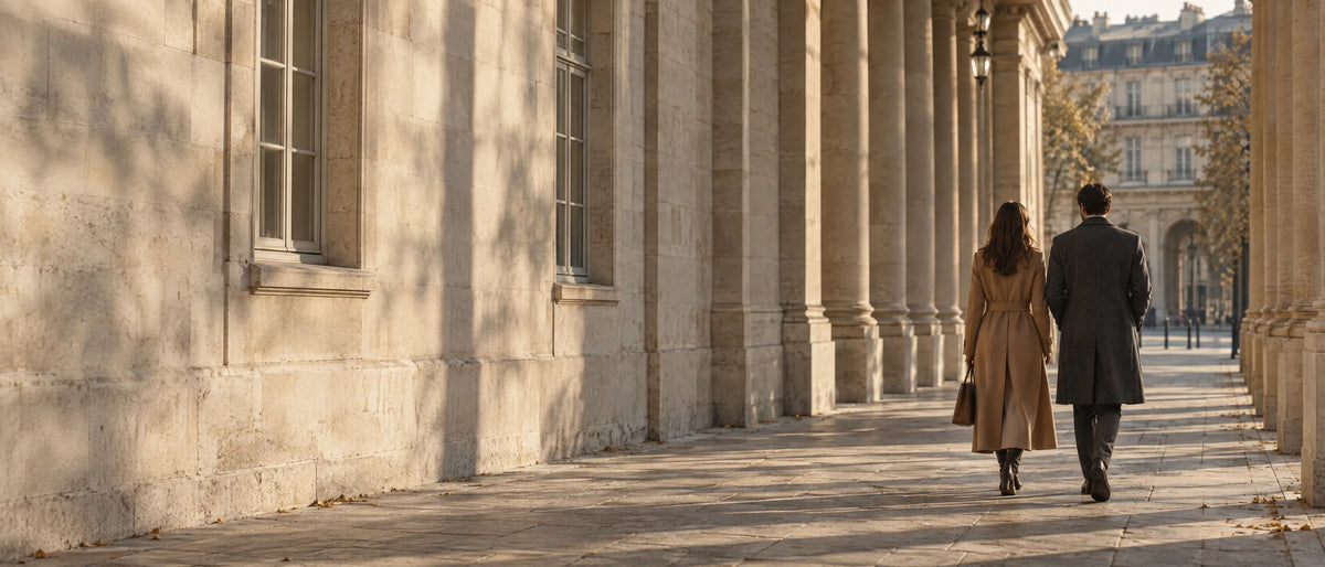 Two people in long wool coats walking along a quiet limestone colonnade