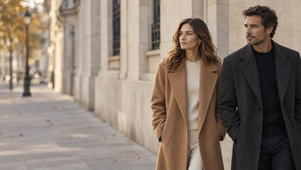 A woman in a camel coat and a man in a charcoal overcoat walking past a pale limestone building in autumn light