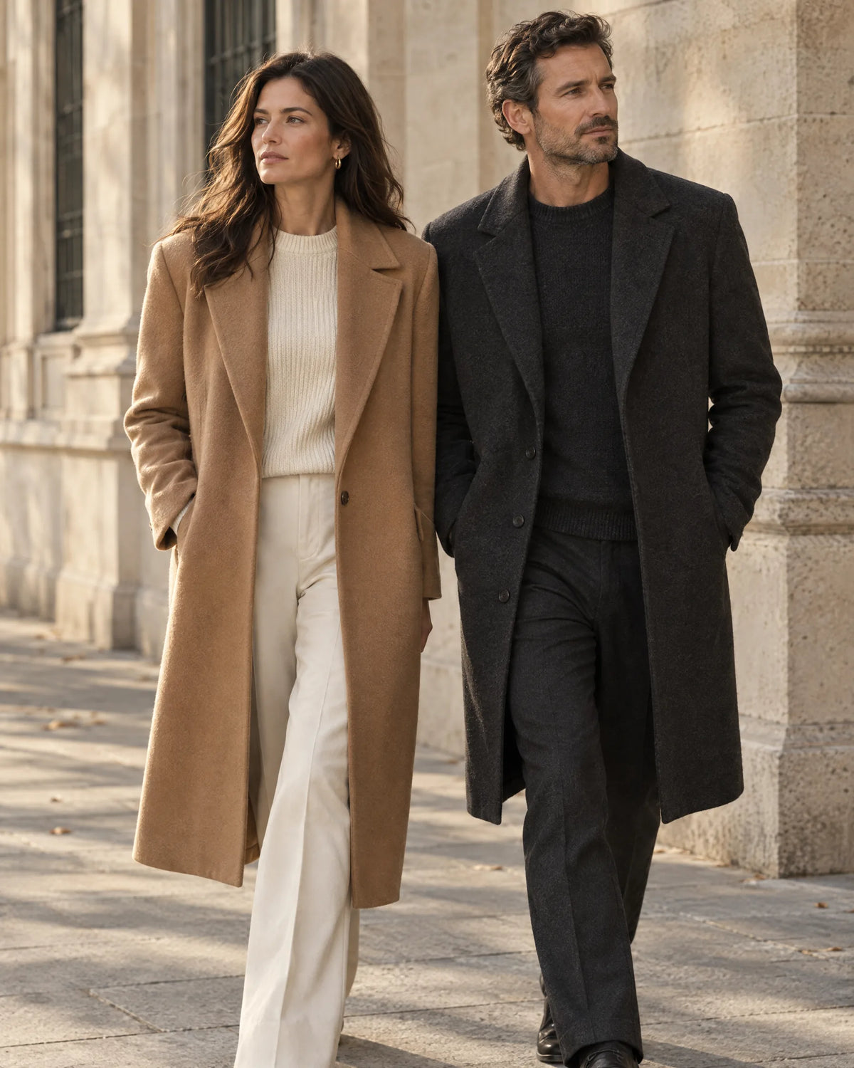 Two people in camel and charcoal wool coats walking side by side beside a limestone wall