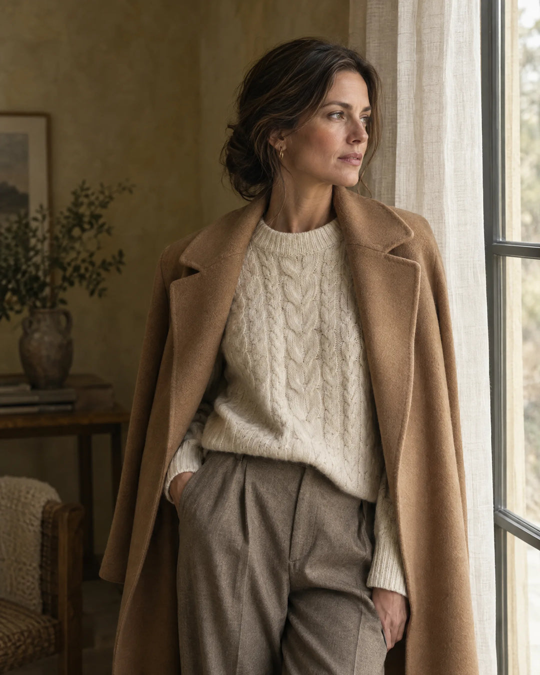 A woman in a cream cable-knit sweater with a camel coat over her shoulders, standing by a window