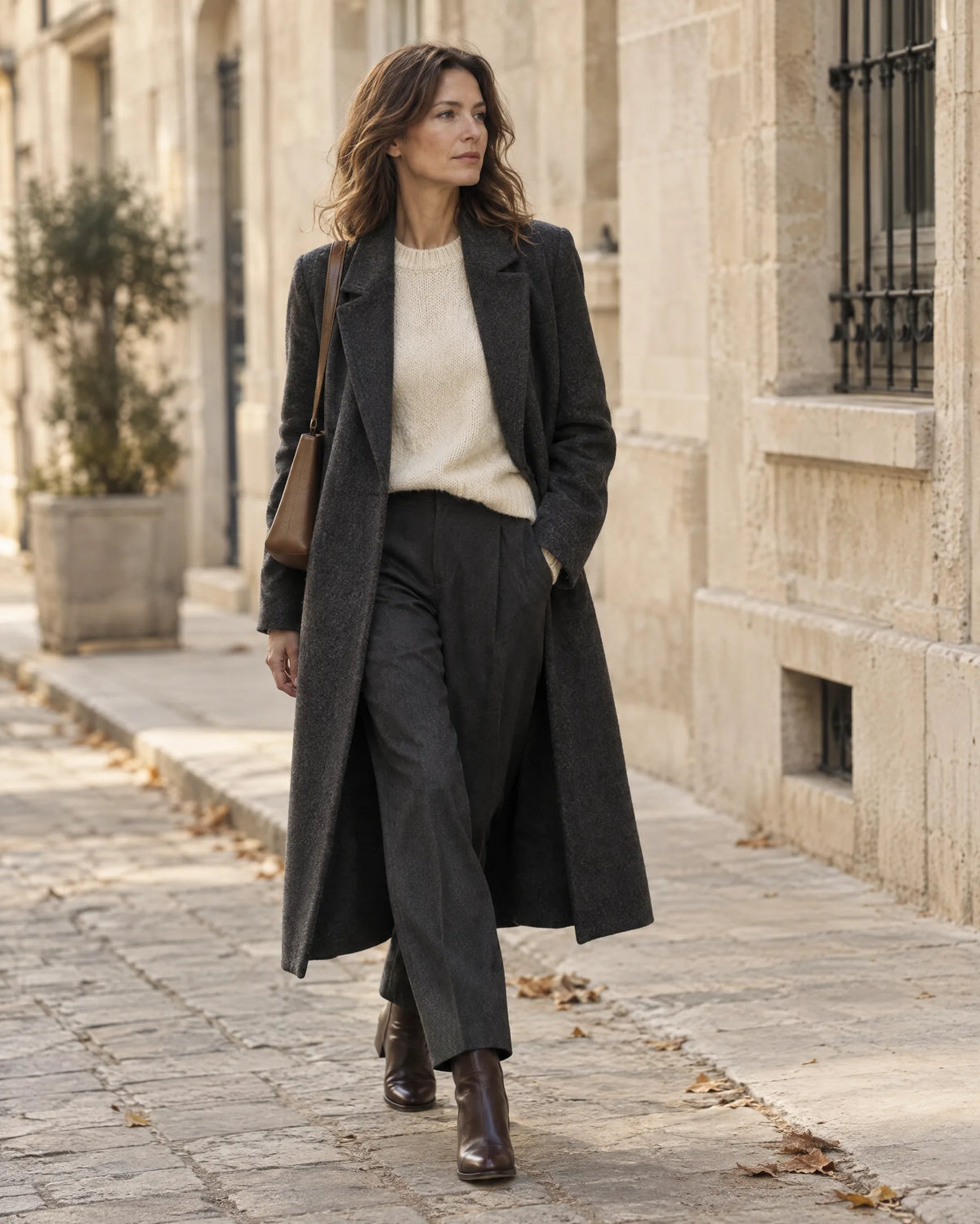 A woman in a long charcoal coat walking along a quiet stone street