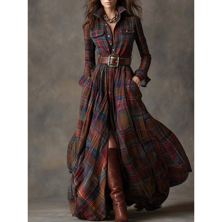 Women's Plaid Maxi Shirt Dress, front view 2