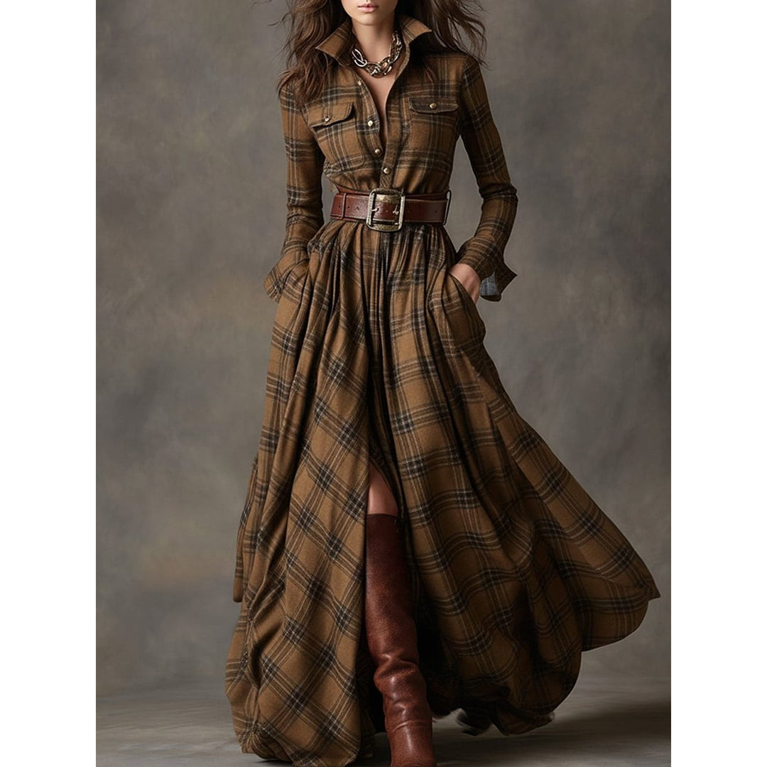 Women's Plaid Maxi Shirt Dress, front view 3