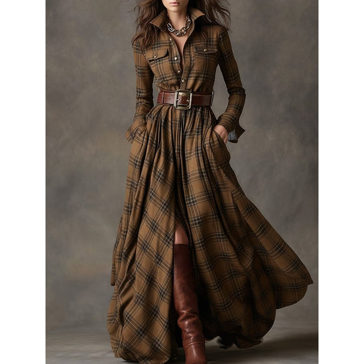 Women's Plaid Maxi Shirt Dress, front view 3