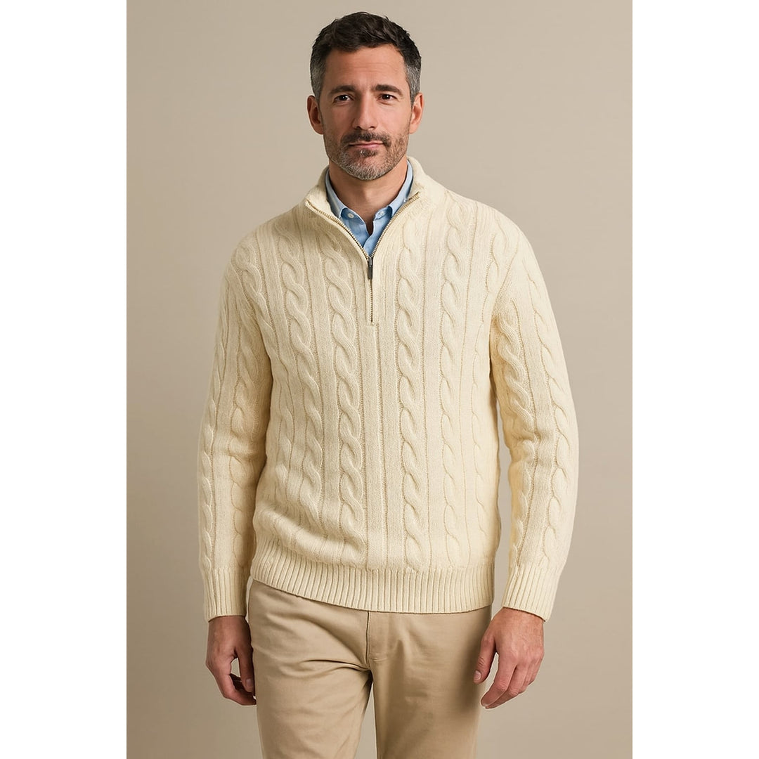 Men's Quarter Zip Sweater in Cream, front view