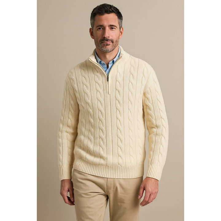 Men's Quarter Zip Sweater in Cream, front view