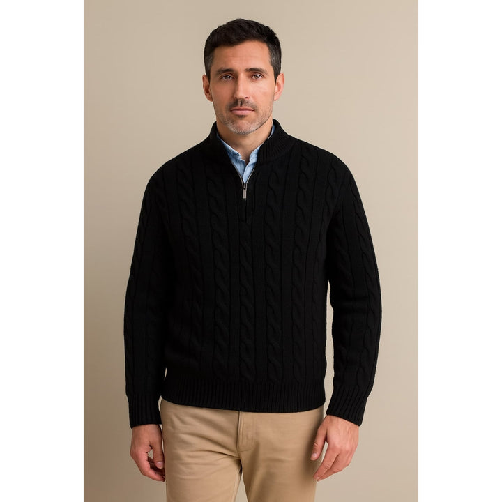 Men's Quarter Zip Sweater in Black, front view