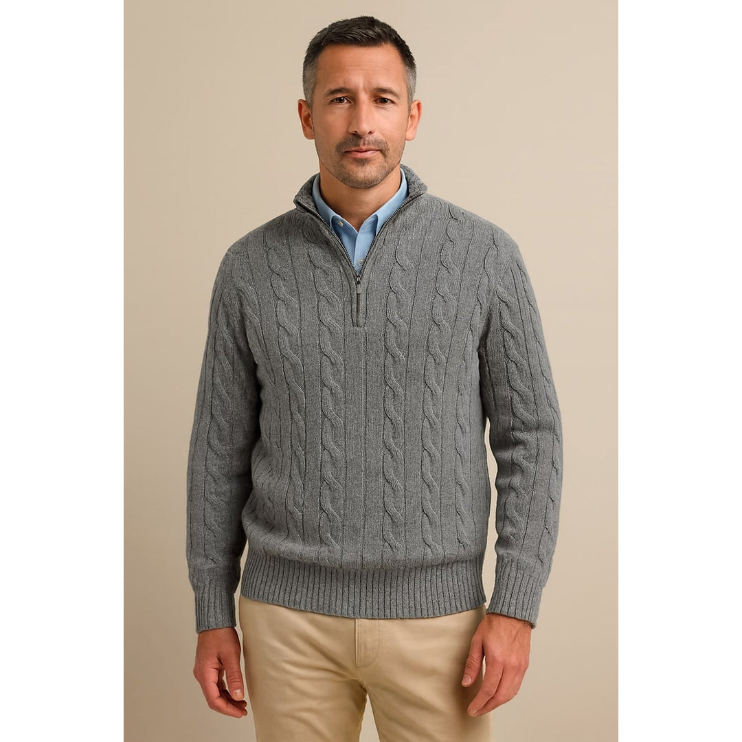 Men's Quarter Zip Sweater in Gray, front view