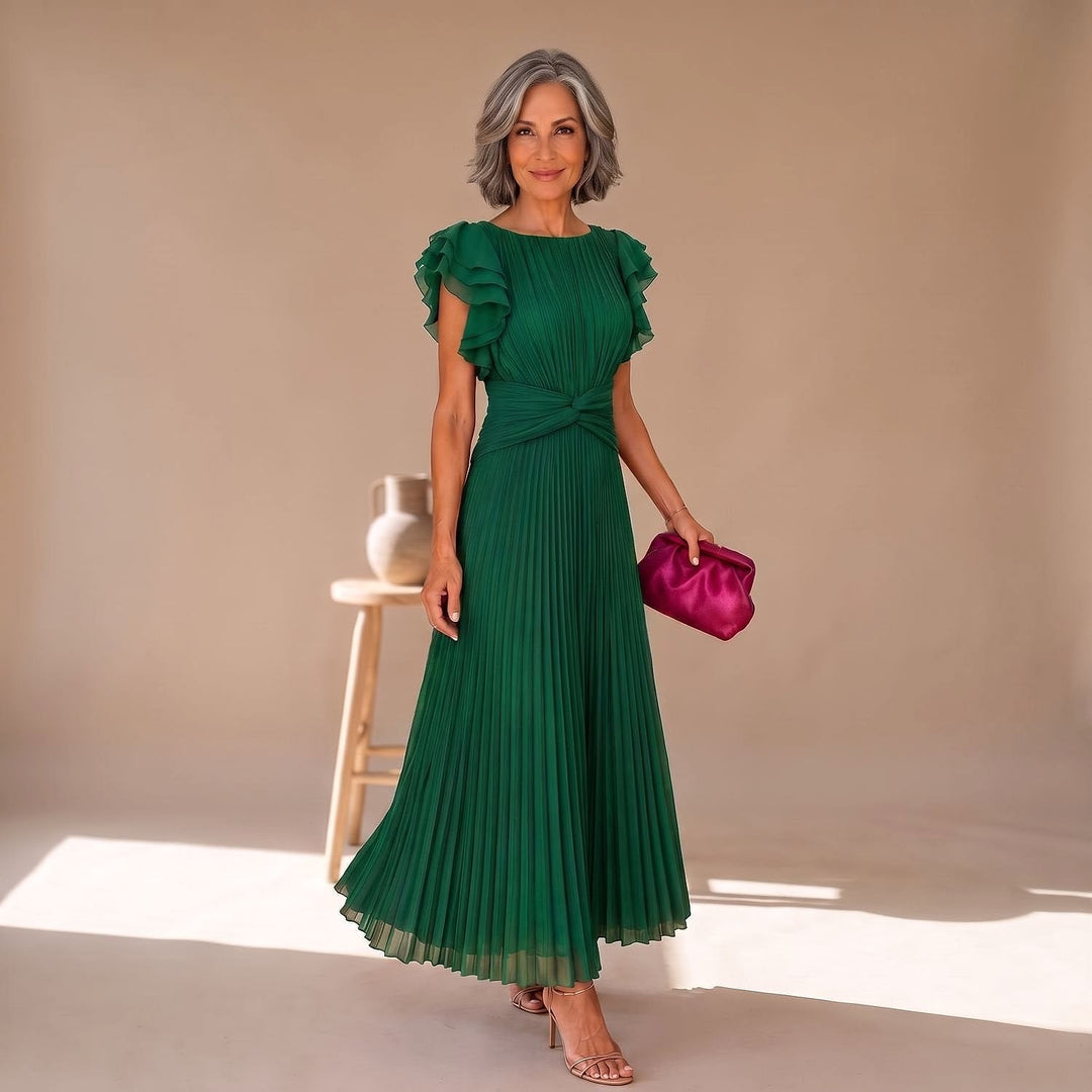 Women's Pleated Midi Dress in Green, front view