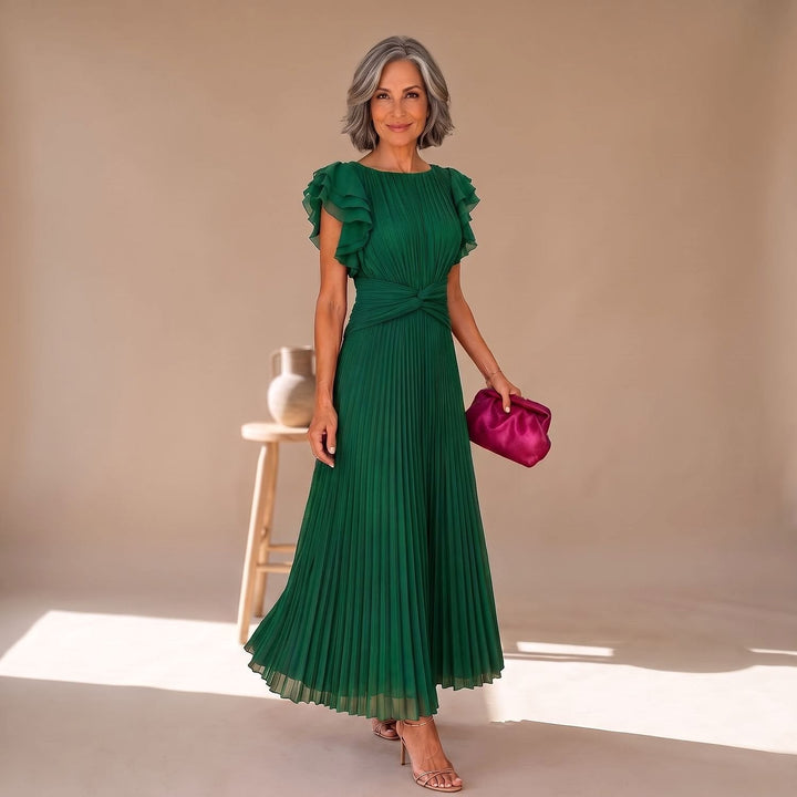 Women's Pleated Midi Dress in Green, front view