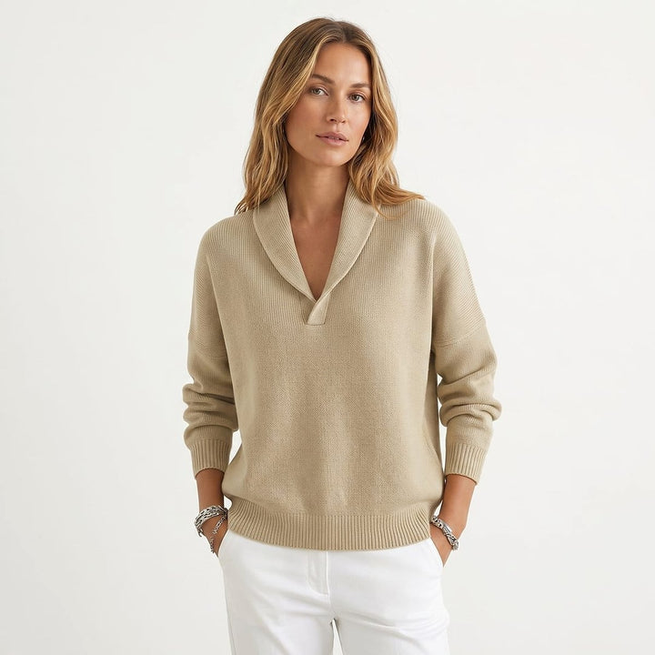 Women's V Neck Sweater in Khaki, front view