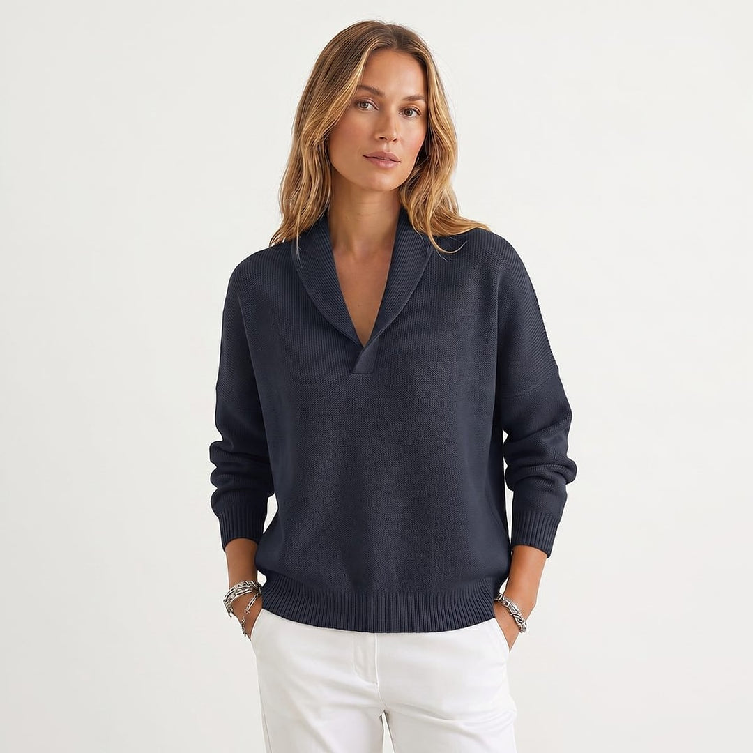 Women's V Neck Sweater in Navy, front view