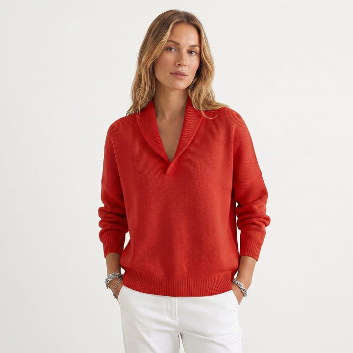 Women's V Neck Sweater in Red, front view
