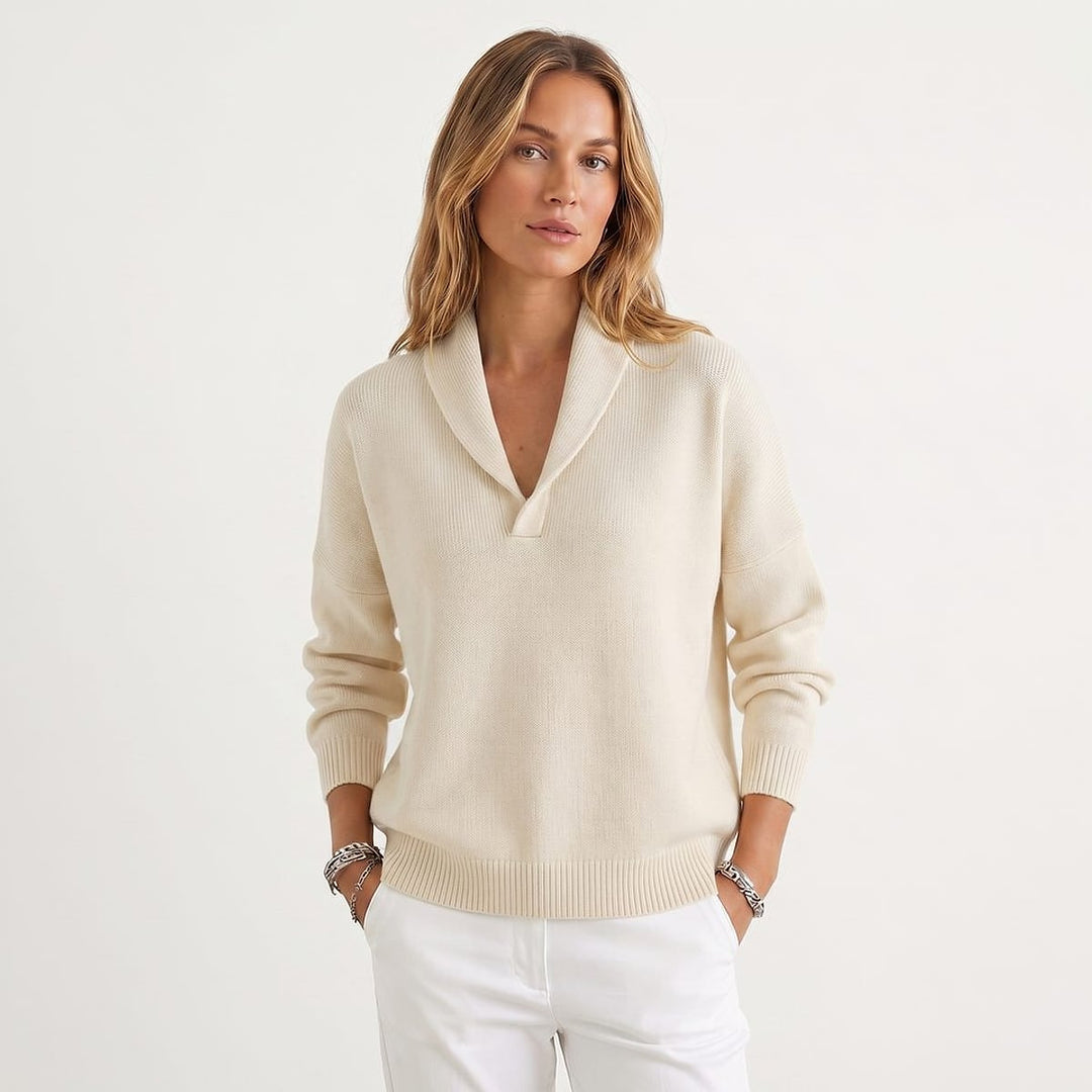 Women's V Neck Sweater in White, front view