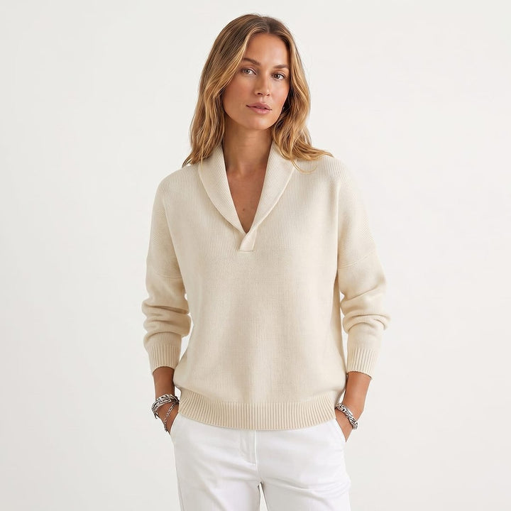 Women's V Neck Sweater in White, front view