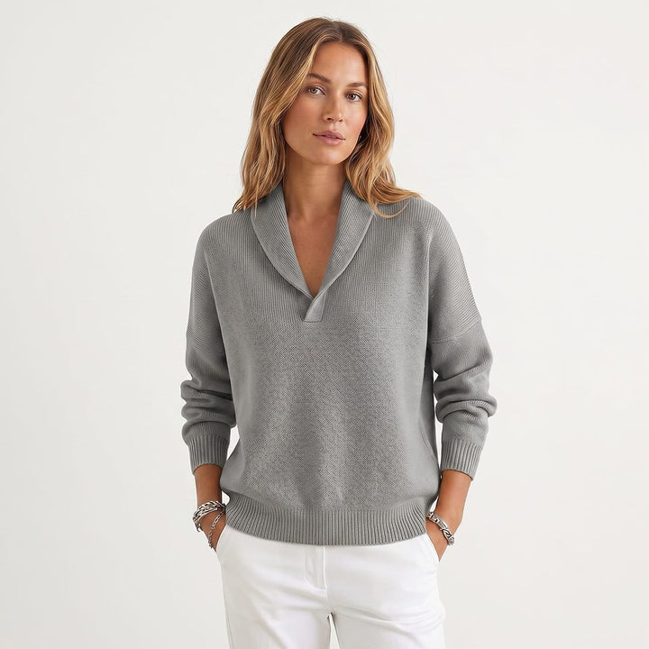 Women's V Neck Sweater in Gray, front view
