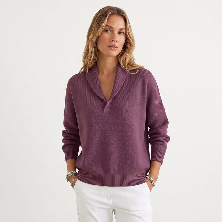 Women's V Neck Sweater in Purple, front view