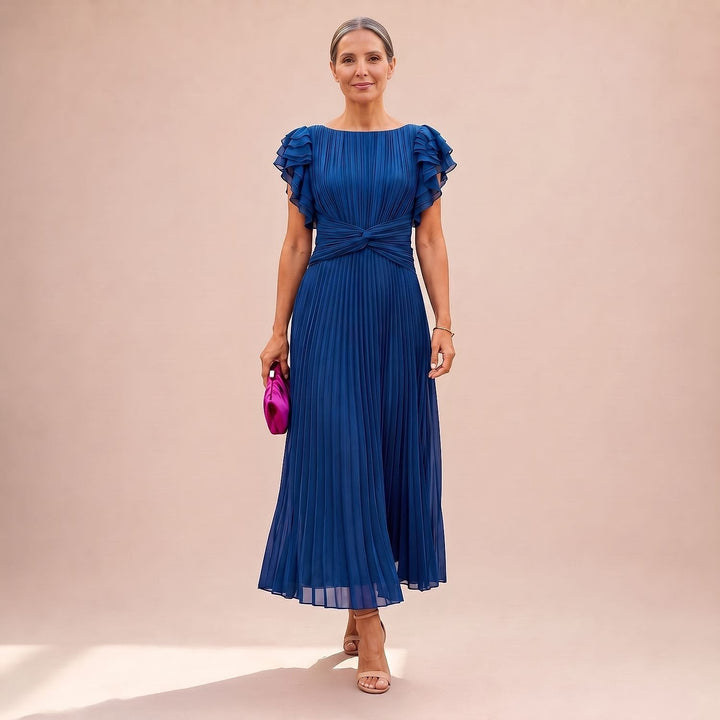 Women's Pleated Maxi Dress in Blue, front view