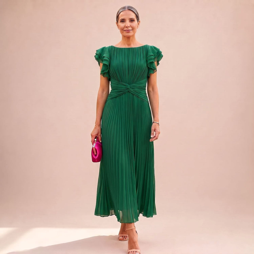 Women's Pleated Maxi Dress in Green, front view