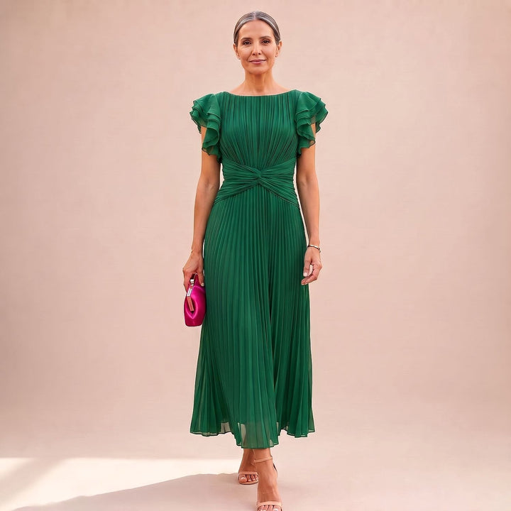 Women's Pleated Maxi Dress in Green, front view