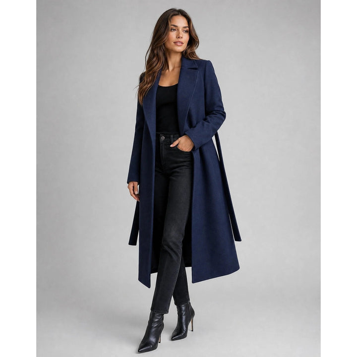 Women's Long Wool Coat in Navy, front view