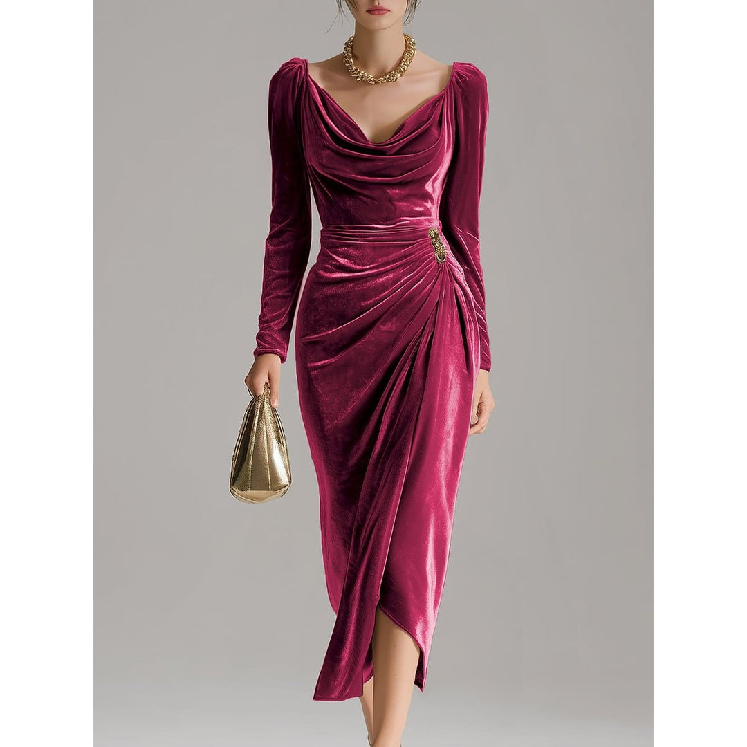 Women's Cowl Neck Velvet Dress in Pink, front view
