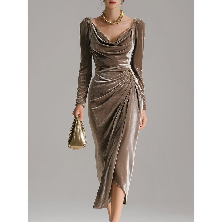 Women's Cowl Neck Velvet Dress in Brown, front view