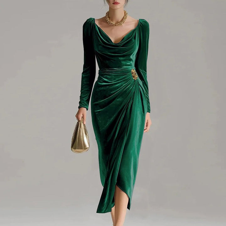 Women's Cowl Neck Velvet Dress in Green, front view