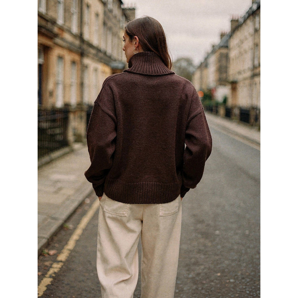 Women's Chunky Turtleneck Sweater in Brown, back view