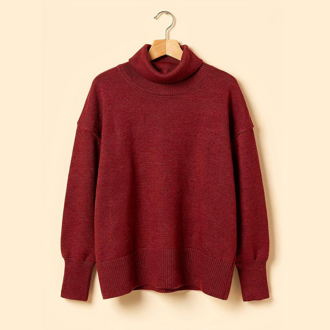 Women's Chunky Turtleneck Sweater in Burgundy, front view