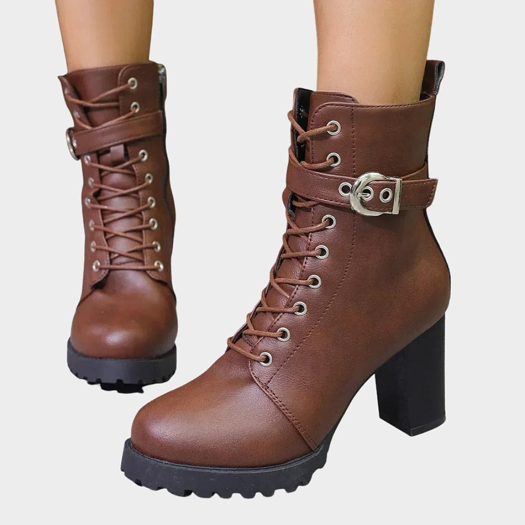 Women's Block Heel Combat Boots in Brown, front view