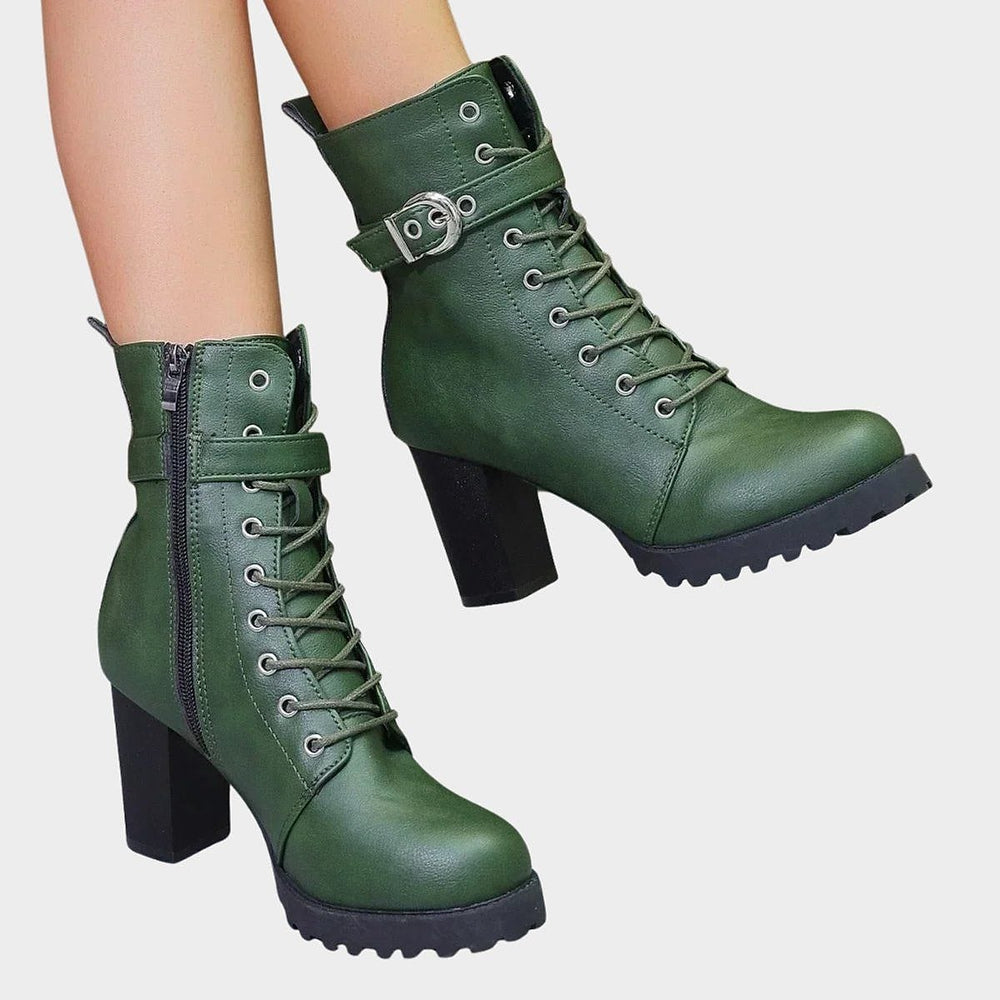 Women's Block Heel Combat Boots in Green, front view