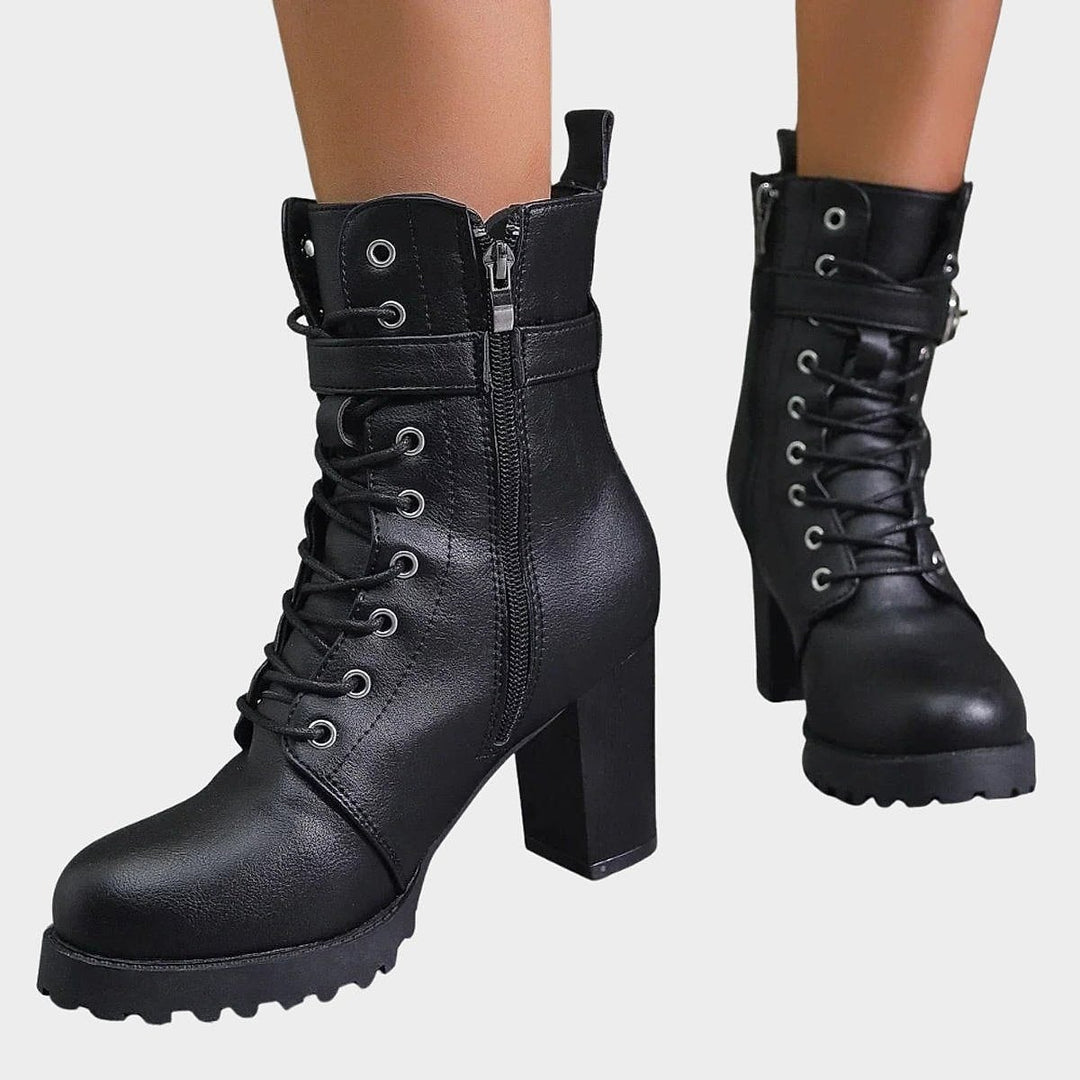 Women's Block Heel Combat Boots in Black, front view