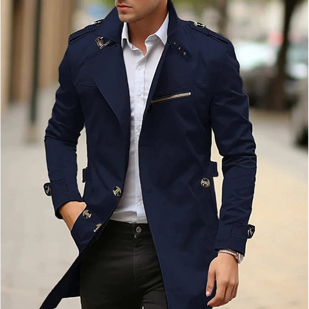 Men's Trench Coat in Dark Blue, front view