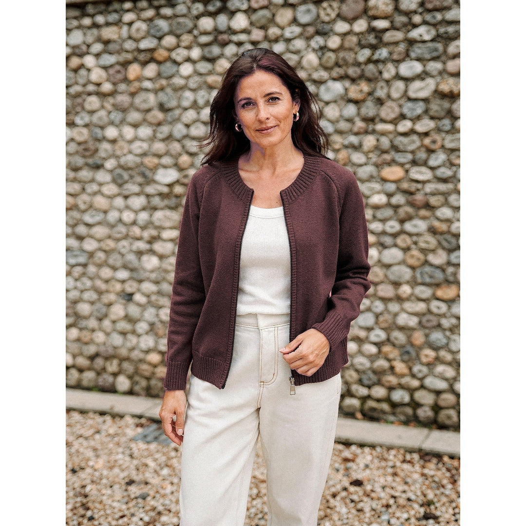 Women's Zip Up Cardigan in Burgundy, front view